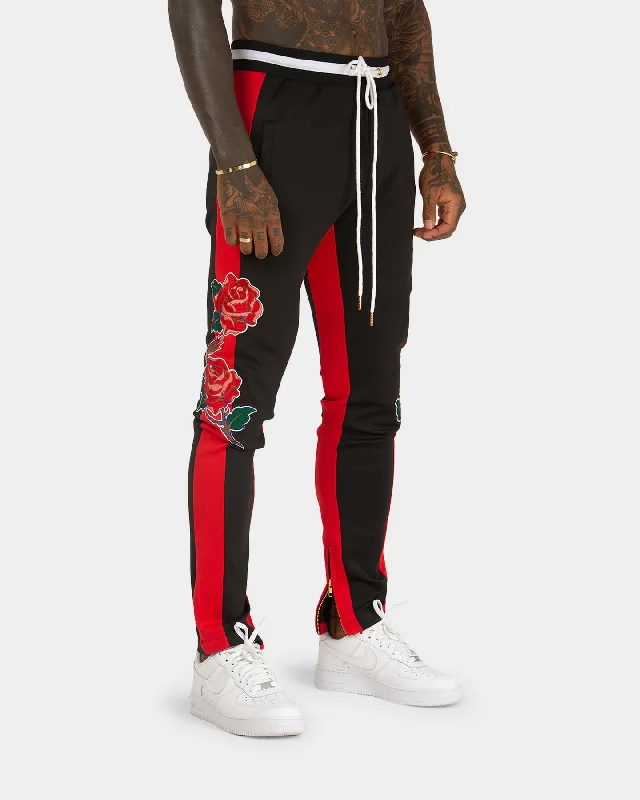 XXIII Rose Embroidery Pants Black/Red Chic Faux Leather Pants