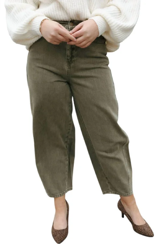 Washed Barrel Pants In Olive Stretch Fit Pants