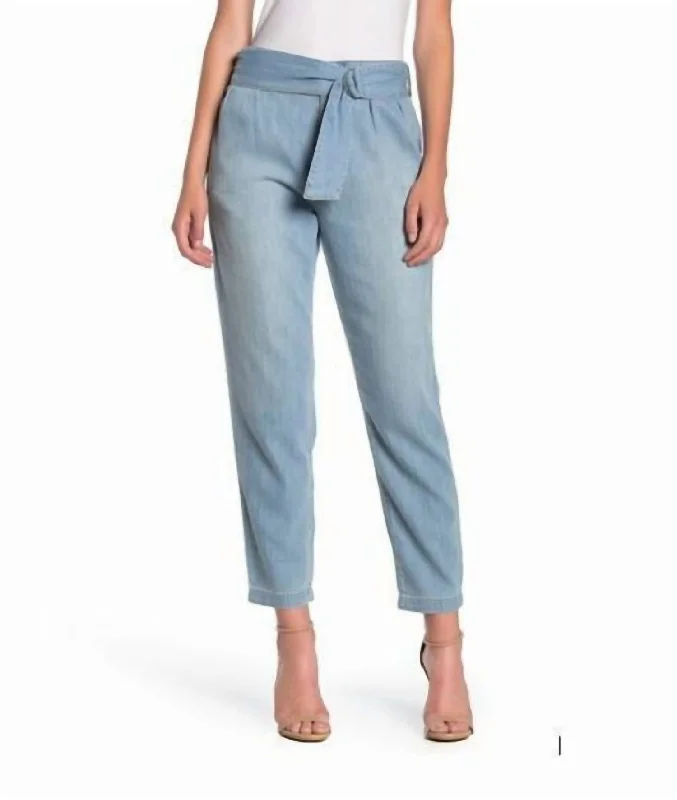 Belted Paperbag Soft Denim High Rise Pants In Light Wash Elegant Trouser Pants