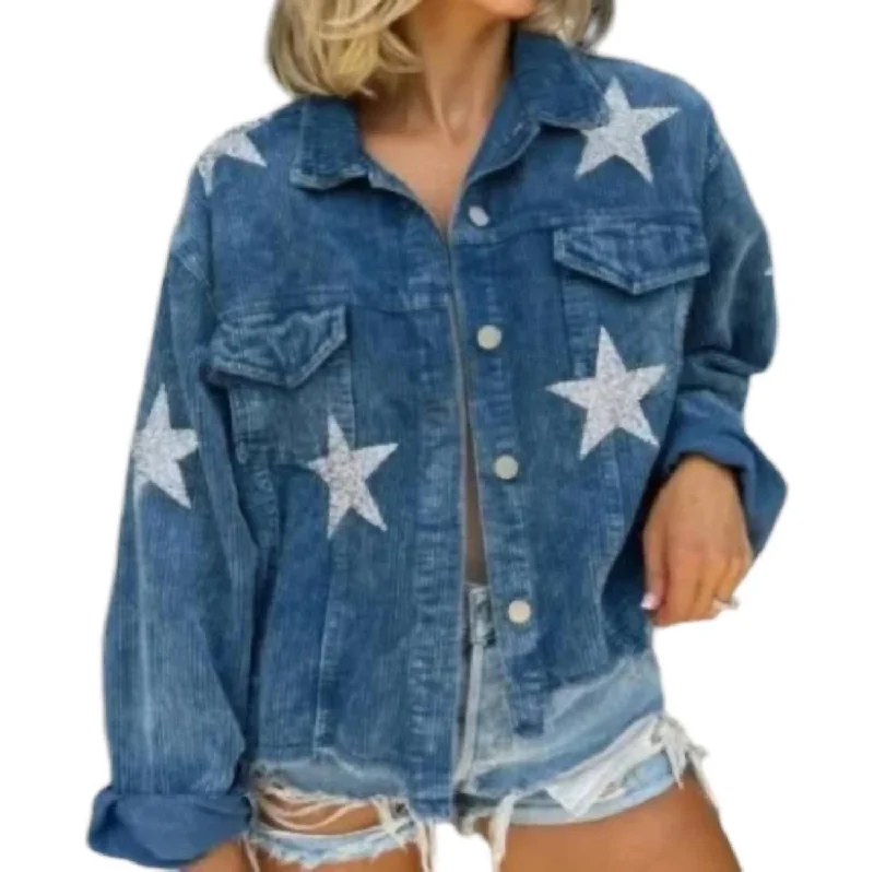 Corduroy Jacket With Sequin Stars In Blue Terry Blend Velvet Blend Canvas Blend