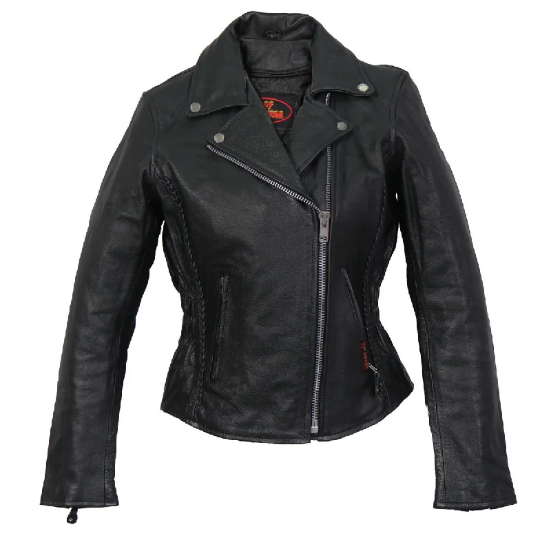 Hot Leathers JKL1009 Ladies Braided Motorcycle Leather Jacket Asymmetrical Pockets Print