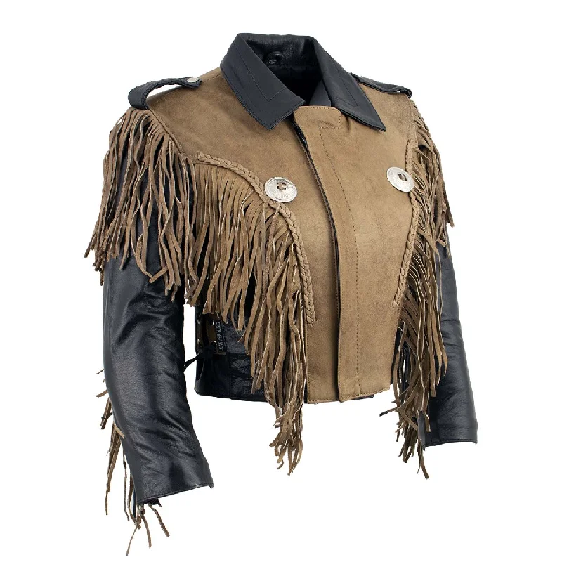 Leather King SH2015 Ladies ‘Fringed’ Cropped Two Tone Jacket with Lace Blend Ribbed Blend Corduroy Blend