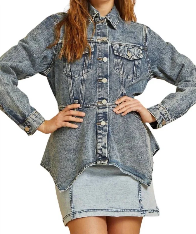 Long Sleeve Denim Jacket In Denim Wash Faux Fur Fabric Real Fur Fabric Shearling Fabric