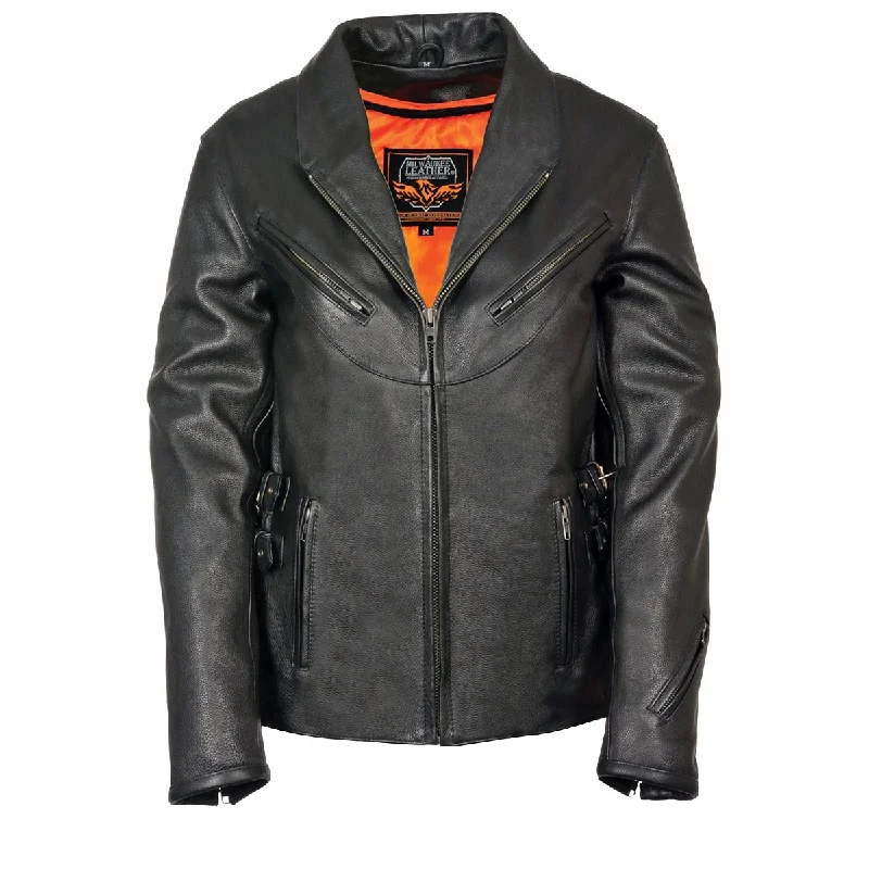 Milwaukee Leather MLL2510 Ladies Black Leather Vented Jacket With Side Rayon Fabric Velvet Fabric Corduroy Fabric