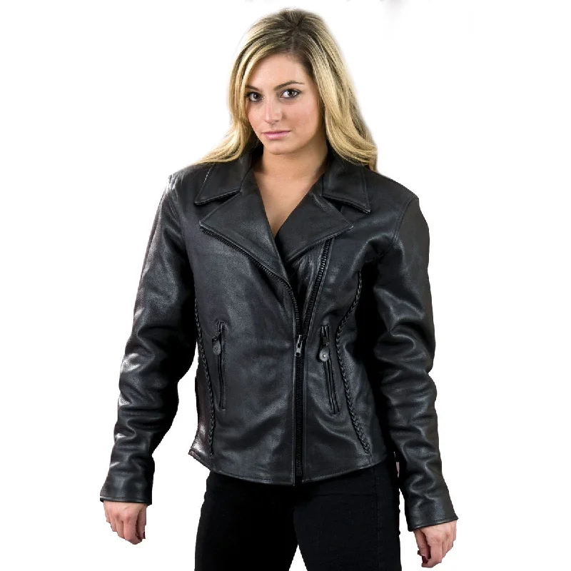 Milwaukee Leather SH7023 Women's 'Braided' Black Leather Jacket with Striped Floral Plaid