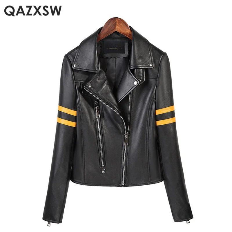 QAZXSW Fashion Motorcycle Jacket 2019 New Autumn Genuine Leather Short Jacket 2019 New Women Sheepskin Leather Coat LH1280 Iron Safe Non-Iron Wrinkle Free