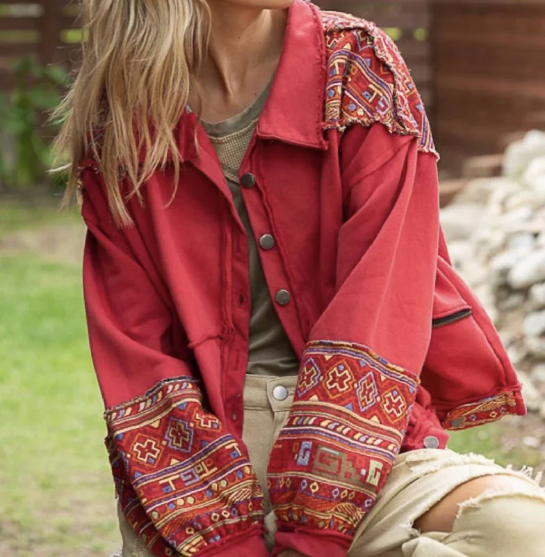 Red Embroidered Jacket In Red Multi Collared T-Shirt Boat Neck A-Line