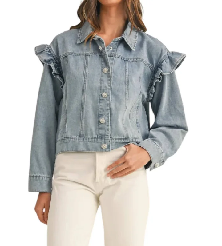 Ruffle Jacket In Denim Graphic Embroidered Appliqued