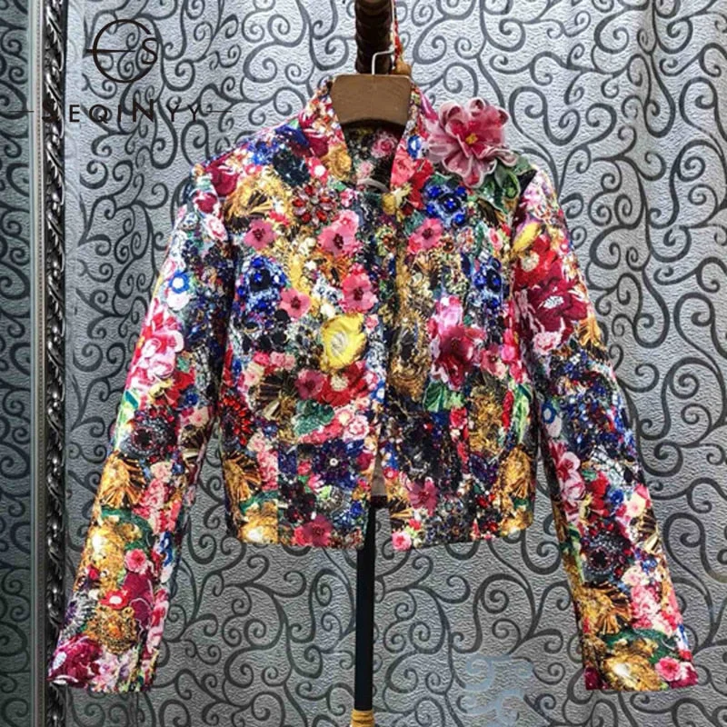 SEQINYY Luxury Jacket 2020 Spring Autumn New Fashion Design Bead Sequins Crystal Colorful Flowers Print Jacquard Top Women Notch Collar Peter Pan Collar Cowl Neck