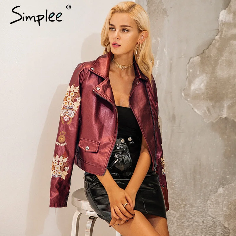 Simplee Embroidery coat jacket women Zipper black PU leather moto jacket  Fsahion 2017 basic winter jacket women outwear coat Boxy Fit Fitted Loose