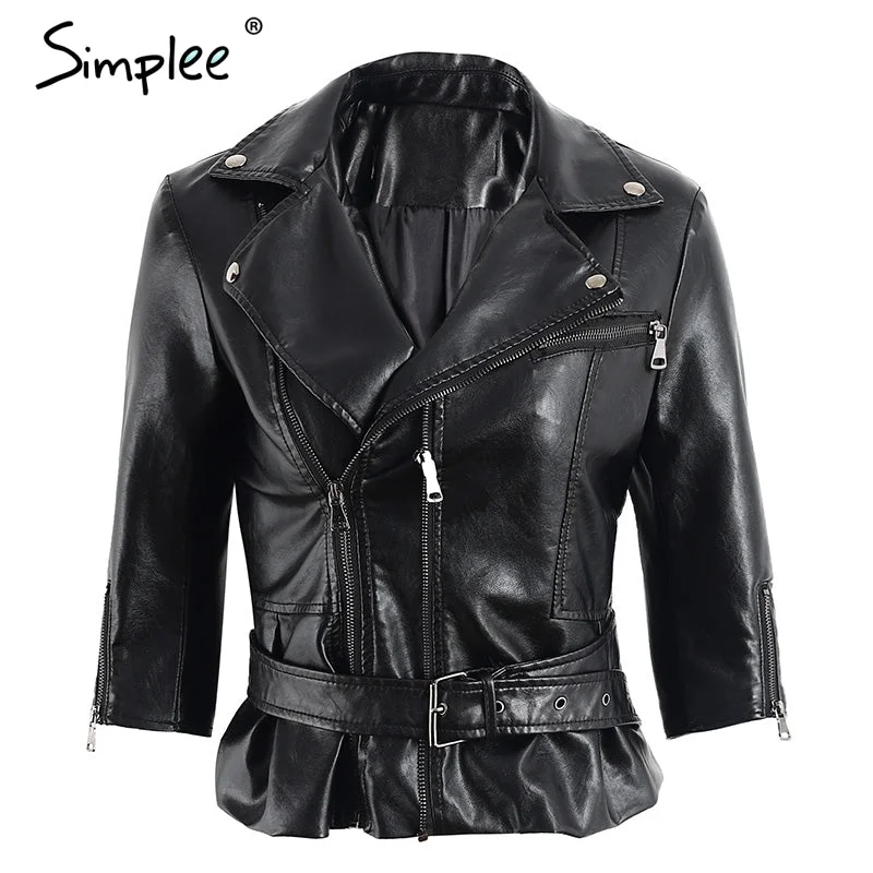 Simplee Zipper black PU faux leather coat jacket women Fashion basic  jacket women outwear coat Pocket  2017 winter moto jacket V-Neck T-Shirt Long Sleeve Cotton