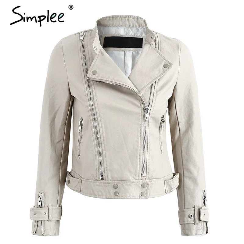 Simplee Zipper PU leather coat jacket women Short white moto jacket  zipper 2017 Classic basic winter jacket women outwear coat Anti-Shrink Durable Soft