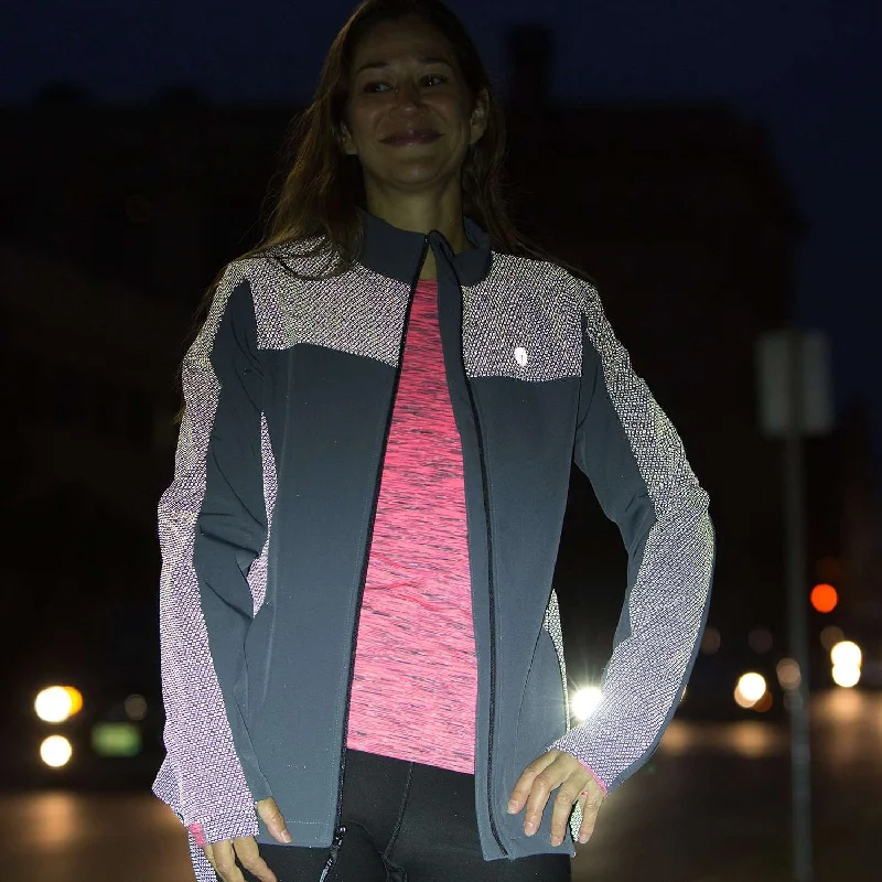 FINAL SALE: Tahoe Women's Performance Softshell Fleece Reflective Jacket in Graphite Asymmetrical Pockets Print