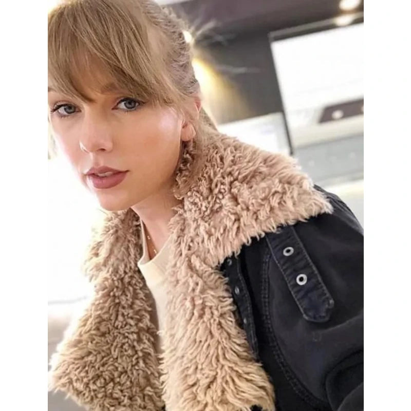 Taylor Swift Sherpa Jacket Welt Pockets Slit Pockets