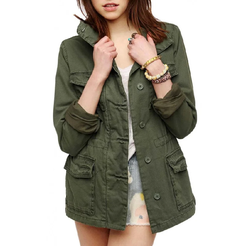 Women Military Green Cotton Jacket Handmade Hand-knitted Hand-woven