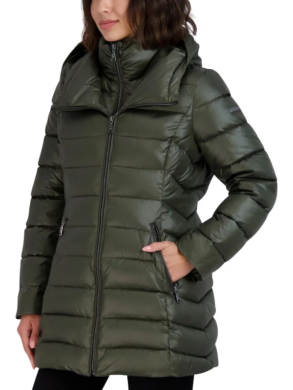 Womens Quilted Hooded Puffer Jacket Front Pockets Side Pockets Patch Pockets