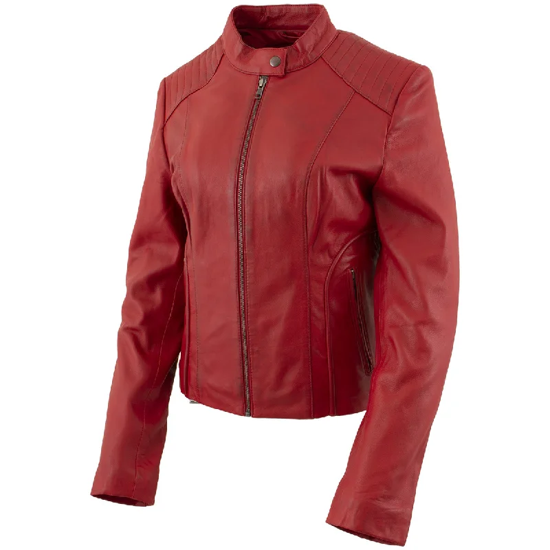 Xelement B91066 Women's ‘Keeper’ Red Leather Scuba Style Biker Jacket Fleece Nylon Spandex