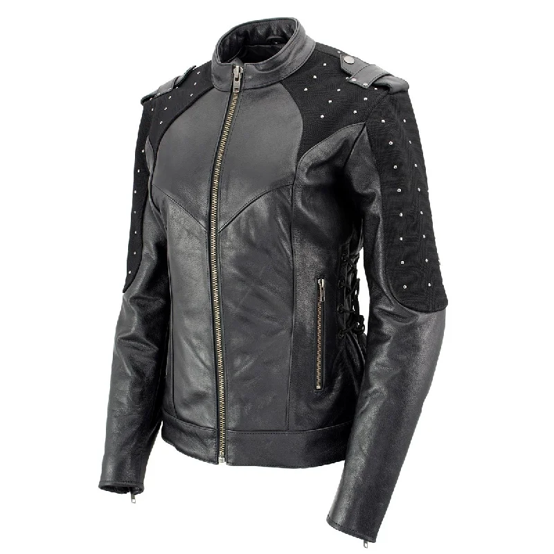 Xelement Women's Scuba Black Leather Motorcycle Biker Jacket with Fitted T-Shirt Seamless Stretchy