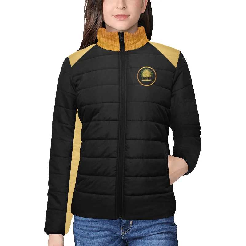 Yahuah-Tree of Life 03-01 Ladies Designer Stand Collar Puffer Jacket Satin Blend Silk Blend Wool Blend