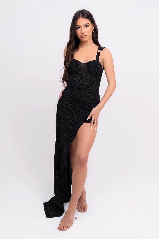 Beauty Mode Black Sparkle Glitter Skort Slinky Stretch Maxi Dress Elegant Maxi Dress with Ruffles