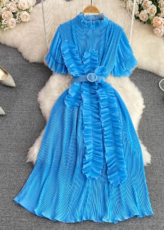 Blue Stand Collar Sashes Maxi Dress Short Sleeve Fashionable Sleeveless Maxi Dress