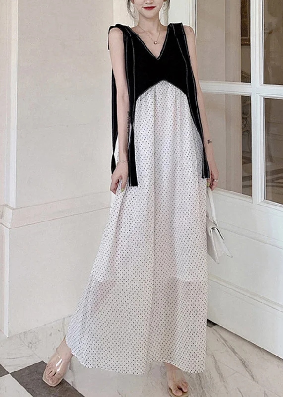 DIY Black White V Neck Patchwork Dot Maxi Dresses Summer Chic Off-Shoulder Maxi Dress