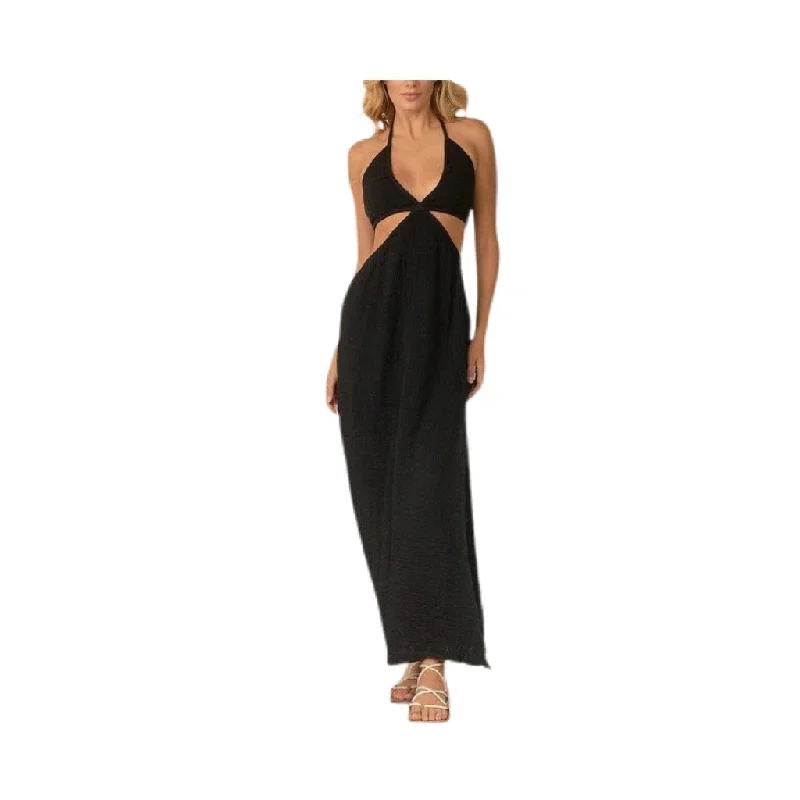 Halter Cut Out Maxi Dress - Black. Elegant Tiered Maxi Dress