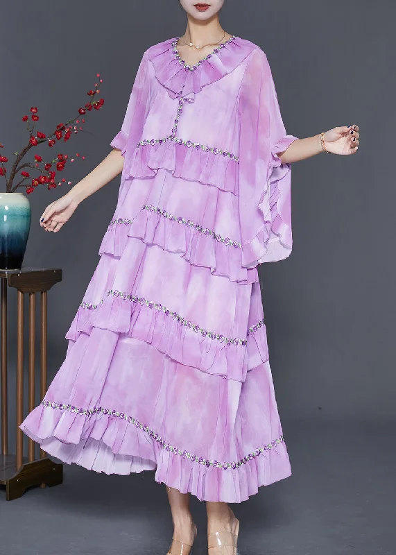 Elegant Light Purple Ruffled Tie Dye Chiffon Maxi Dresses Summer Fashionable Asymmetrical Maxi Dress