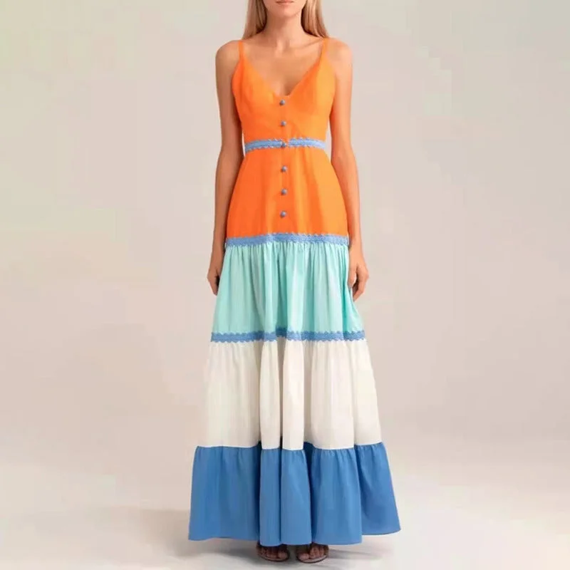 Contrast Color Block Sleeveless Maxi Dress Elegant Maxi Dress with Drapes