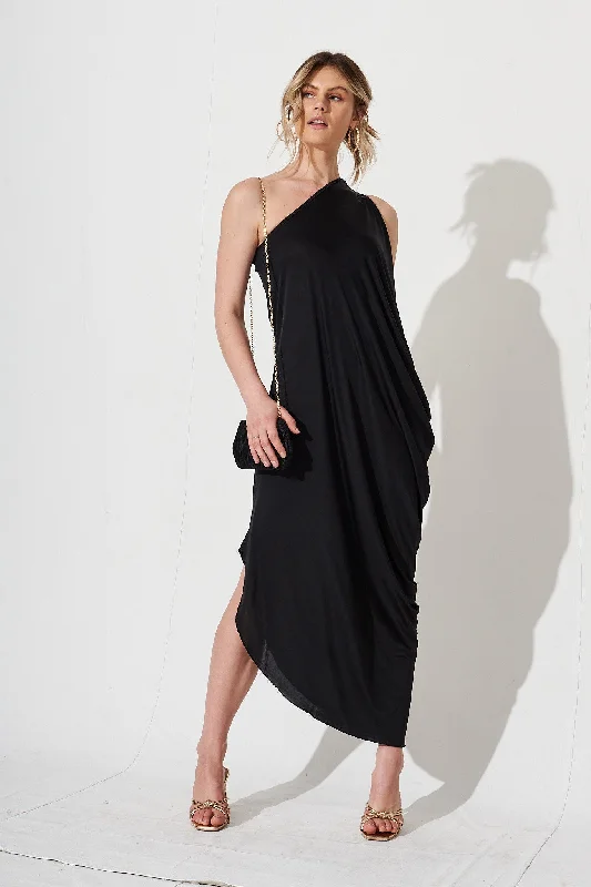 Goddess One Shoulder Maxi Dress in Black Elegant Lace-Up Maxi Dress