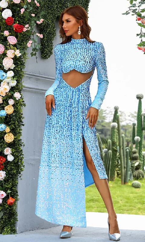 Going To The Ball Blue Sequin Long Sleeve Mock Neck Cut Out Waist High Low Asymmetric Maxi Dress Cozy Open-Back Maxi Dress