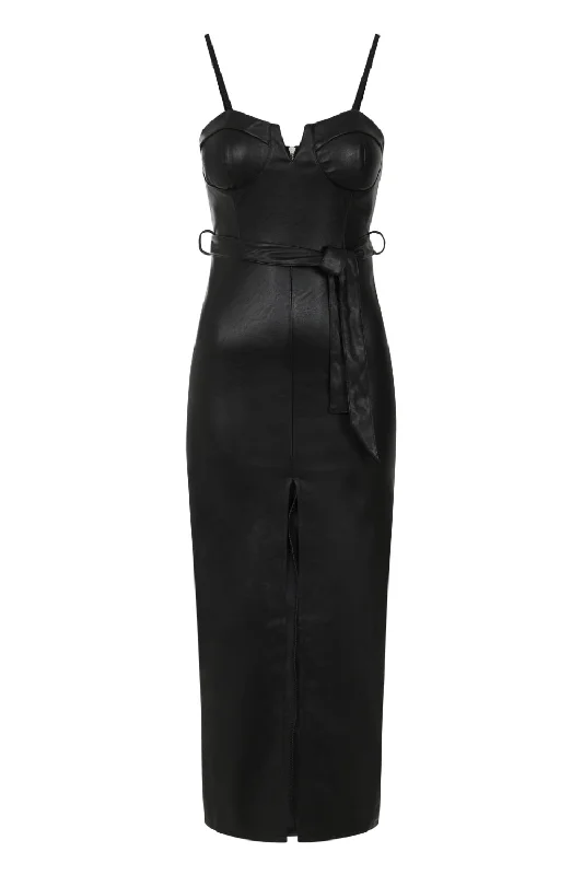 High Standards Black Leather Belted Split Maxi Dress Trendy Maxi Dress with Lace