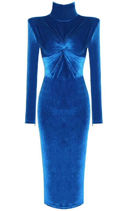 In Control <br><span>Royal Blue Velvet Long Sleeve Mock Neck Twist Knot Bodycon Maxi Dress</span> Comfortable Ruffle Hem Maxi Dress