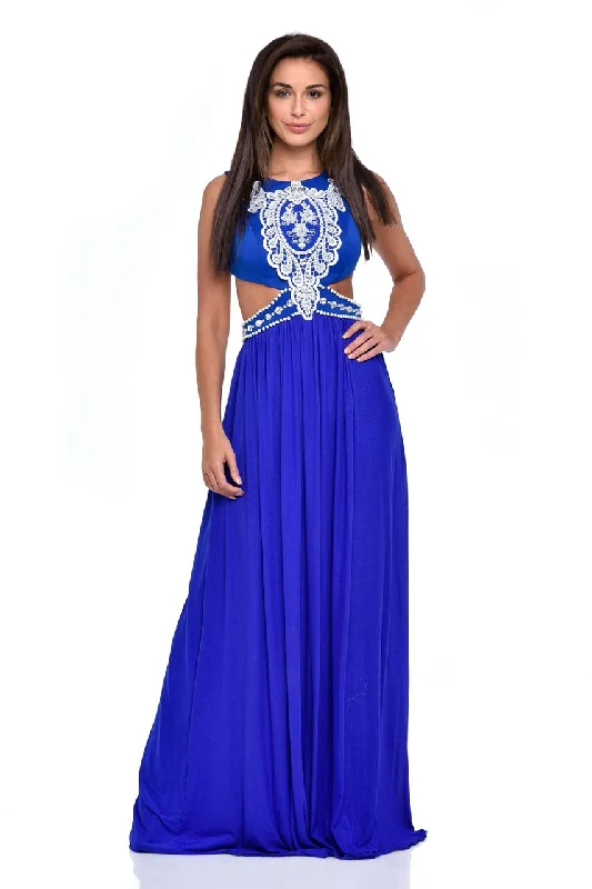 Laila Blue Cut-Out Waist Pearl Encrusted Grecian Goddess Maxi Dress Trendy Off-Shoulder Ruffle Maxi Dress