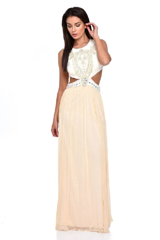 Laila Nude Cut-Out Waist Pearl Encrusted Grecian Goddess Maxi Dress Trendy Maxi Dress with Lace