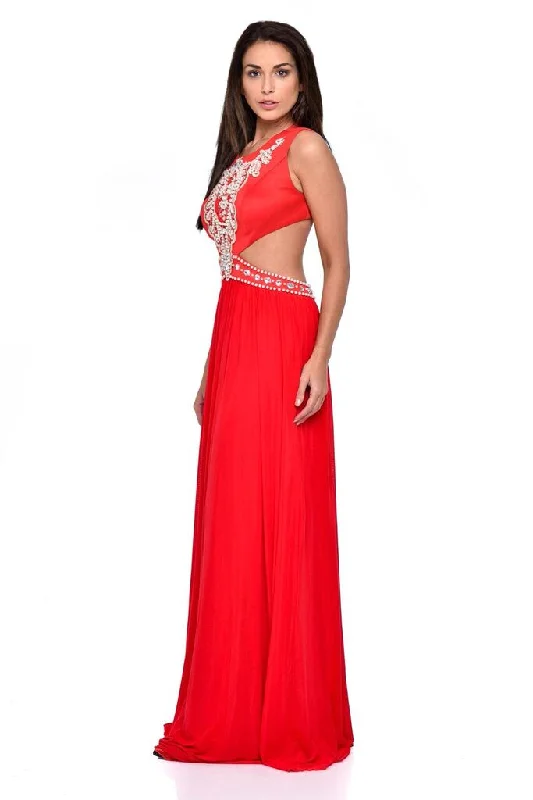 Laila Red Cut-Out Waist Pearl Encrusted Grecian Goddess Maxi Dress Elegant Velvet Maxi Dress