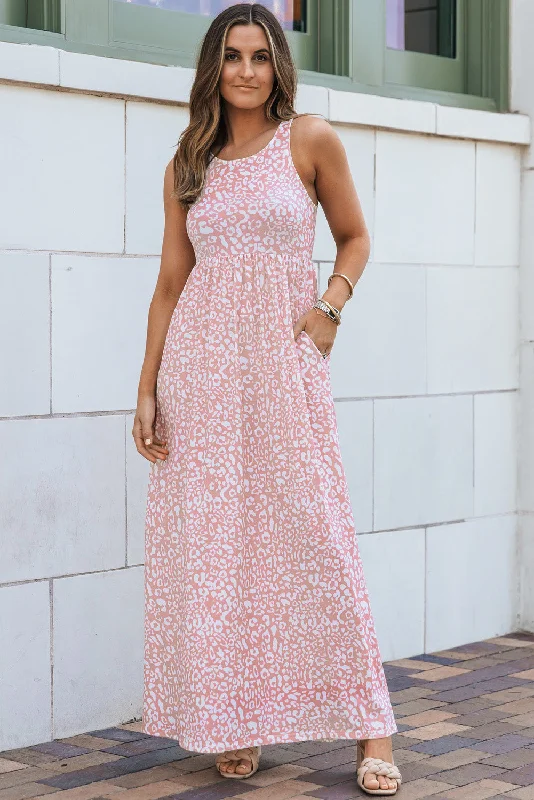 Leopard Pocketed Sleeveless Maxi Dress Elegant Maxi Dress with Lace