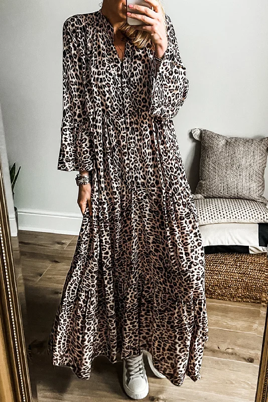 KaleaBoutique Leopard Print Tiered Wide Sleeve Maxi Dress Fashionable Sheer Maxi Dress