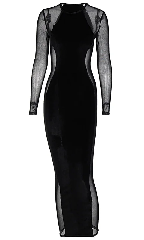 Let's Get Busy<br><span> Black Sheer Mesh Long Sleeve Round Neck Bodycon Maxi Dress</span> Comfortable Satin Maxi Dress