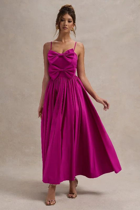 Loved Up | Fuschia Pink Strappy Pleated Maxi Dress With Bows Stylish A-Line Maxi Dress