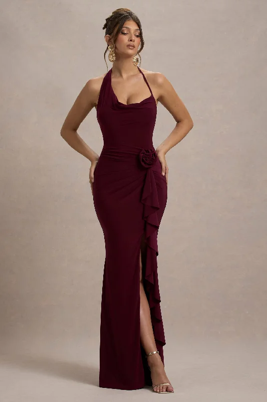 Lucena | Burgundy Cowl-Neck Wrap Maxi Dress With Floral Drape Trendy Maxi Dress with Straps