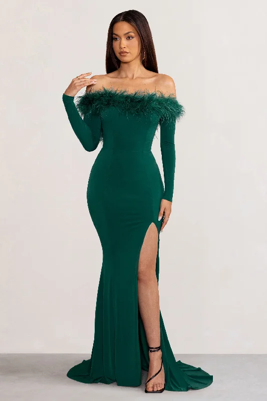 Lucilu | Bottle Green Feather Bardot Long Sleeve Maxi Dress with Side Split Stylish A-Line Maxi Dress