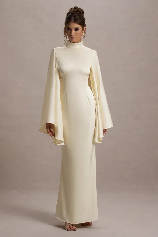 Maceline | Ecru Satin High-Neck Maxi Dress With Cape Sleeves Stylish Maxi Dress with Frills