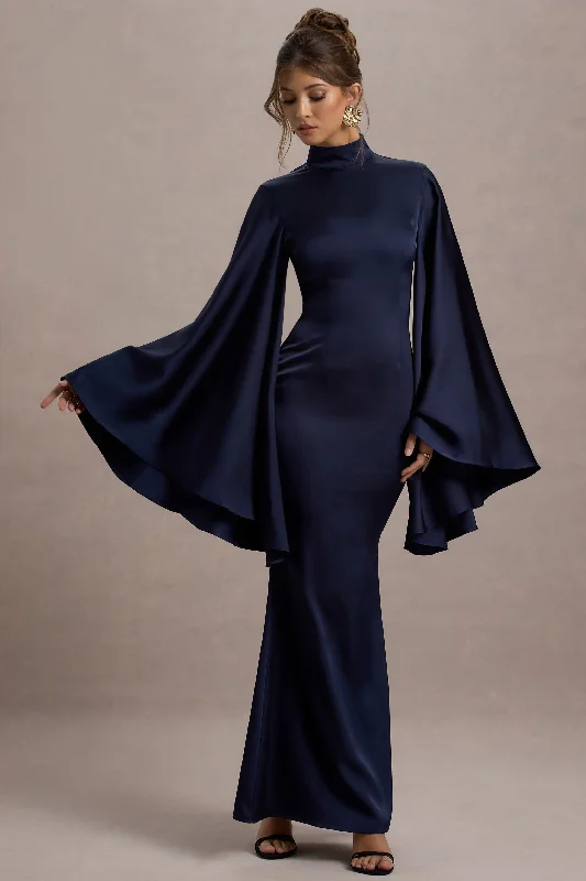 Maceline | Navy Satin High-Neck Maxi Dress With Cape Sleeves Elegant Maxi Dress with Drapes