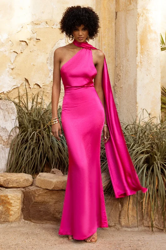 Mademoiselle | Hot Pink Asymmetric Scarf Neck Backless Maxi Dress Fashionable Printed Maxi Dress