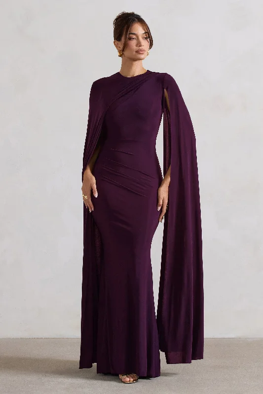 Magdelena | Plum Asymmetric Cape Maxi Dress Comfortable Bohemian Maxi Dress