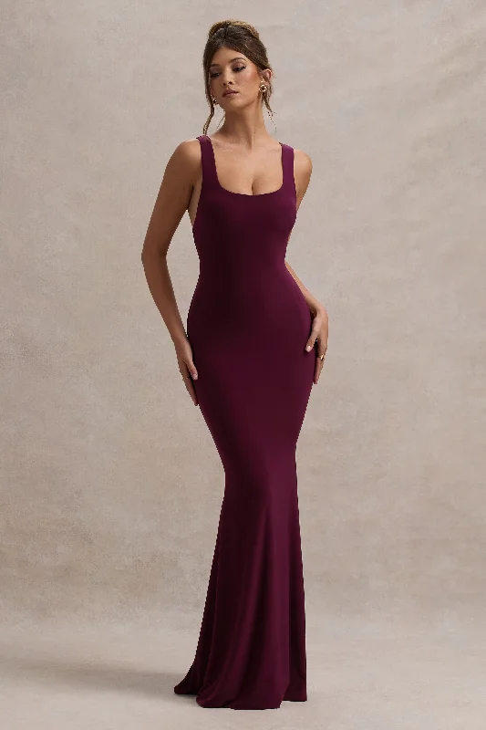 Mahina | Burgundy Square-Neck Maxi Dress Fashionable Layered Maxi Dress