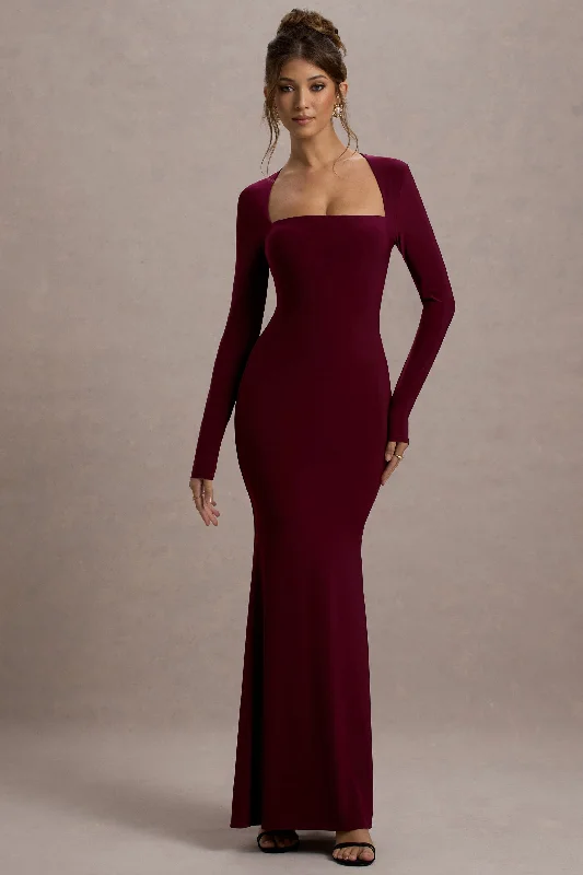 Maja | Burgundy Square-Neck Long-Sleeve Maxi Dress Classic Tulle Maxi Dress