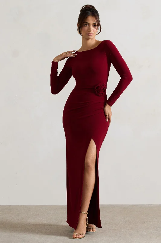 Makayla | Berry Long-Sleeve Wrap Maxi Dress With Corsages Classic A-Line Maxi Dress