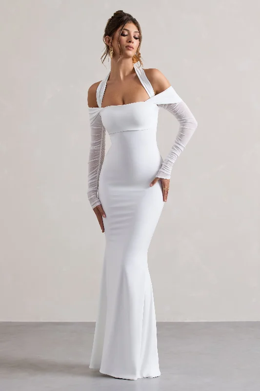 Malisha | White Halter-Neck Long-Sleeve Fishtail Maxi Dress Chic Sleeveless Maxi Dress